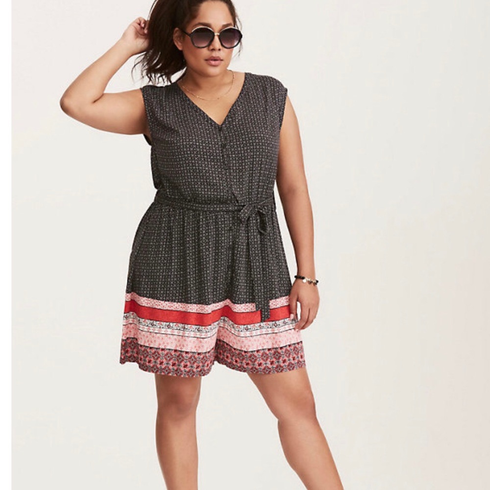 Torrid Border Print Challis button front romper